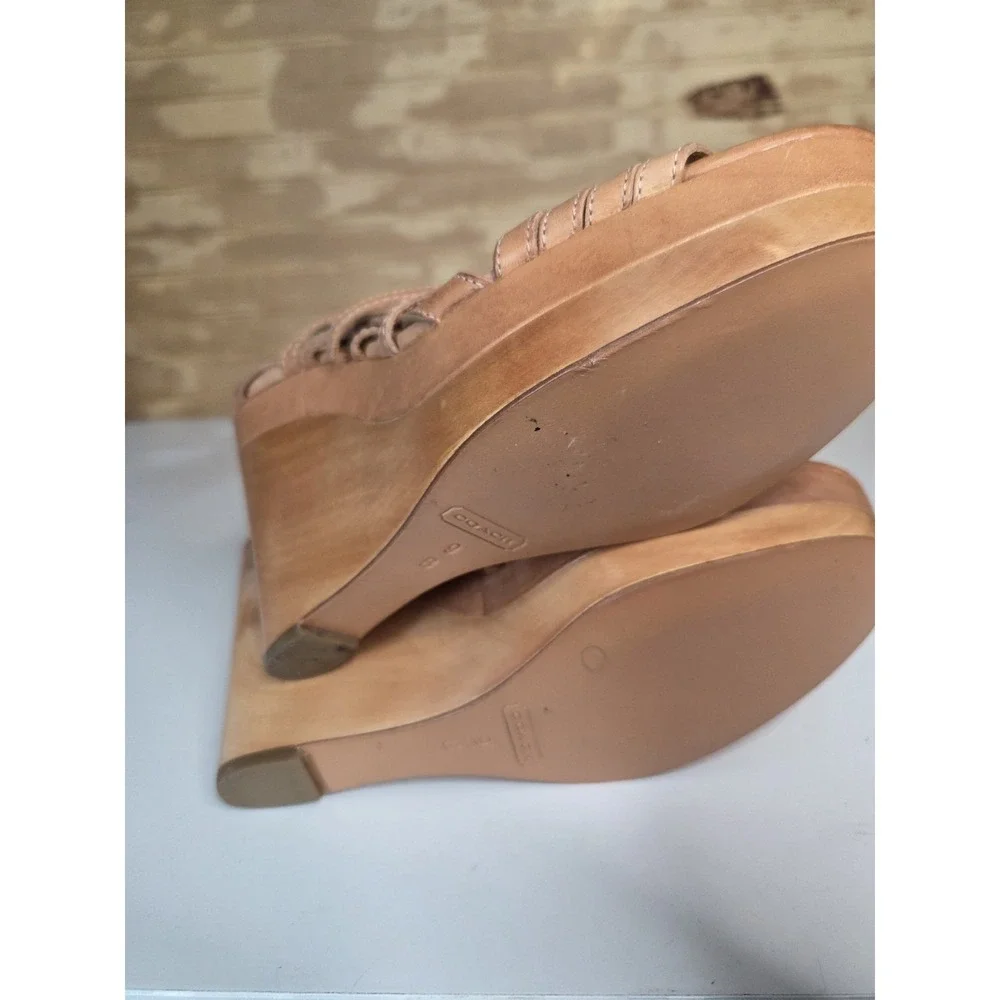 Coach Tan Camel Strappy Brown Platform Wedges‎ Sandals Shoes 9 B Gold Wood Wedge